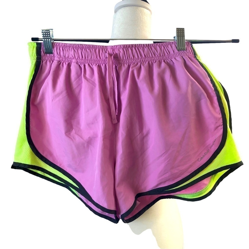 Calvin Klein Performance Shorts Women L Pink Green  Mesh Liner  Elastic Waist